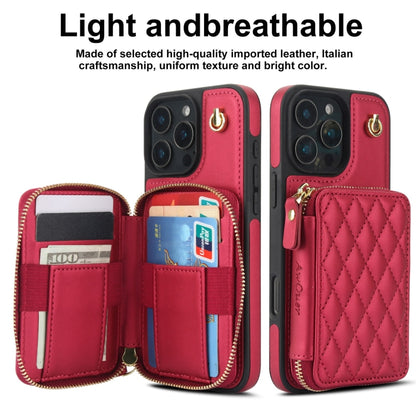 For iPhone 16 Pro AwQuer Crossbody Zipper Wallet Rhombic Leather Back Phone Case(Red) - iPhone 16 Pro Cases by Awquer | Online Shopping South Africa | PMC Jewellery | Buy Now Pay Later Mobicred