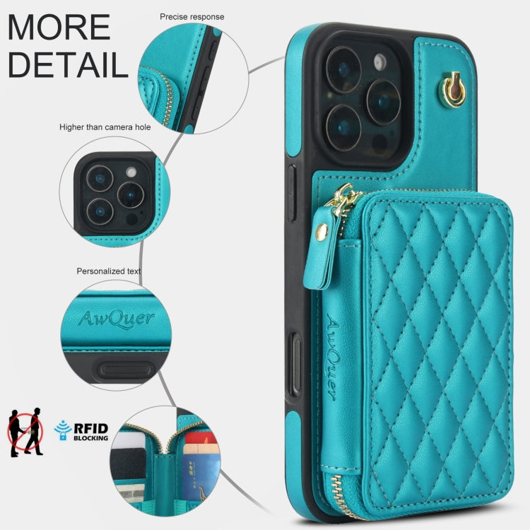 For iPhone 16 Pro AwQuer Crossbody Zipper Wallet Rhombic Leather Back Phone Case(Green) - free shipping - PMC Jewellery - Order now!