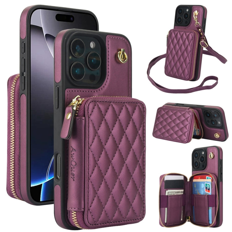 For iPhone 16 Pro AwQuer Crossbody Zipper Wallet Rhombic Leather Back Phone Case(Dark Purple) - iPhone 16 Pro Cases by Awquer | Online Shopping South Africa | PMC Jewellery | Buy Now Pay Later Mobicred