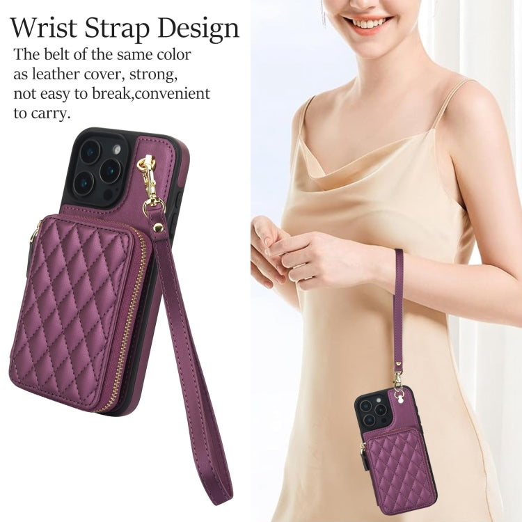 For iPhone 16 Pro AwQuer Crossbody Zipper Wallet Rhombic Leather Back Phone Case(Dark Purple) - free shipping - PMC Jewellery - Order now!