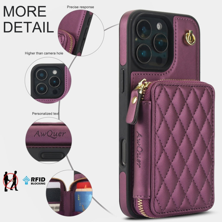 For iPhone 16 Pro AwQuer Crossbody Zipper Wallet Rhombic Leather Back Phone Case(Dark Purple) - free shipping - PMC Jewellery - Order now!
