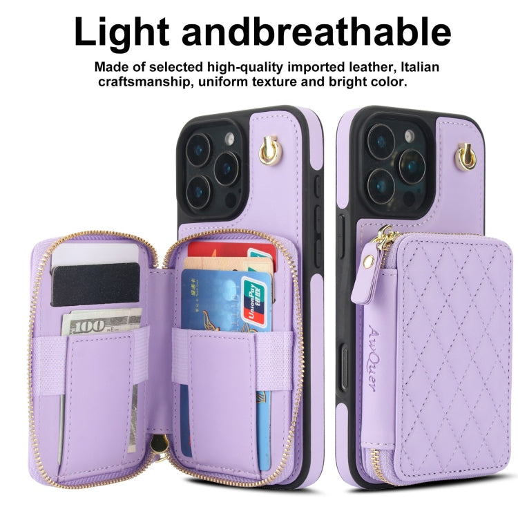 For iPhone 16 Pro AwQuer Crossbody Zipper Wallet Rhombic Leather Back Phone Case(Purple) - free shipping - PMC Jewellery - Order now!