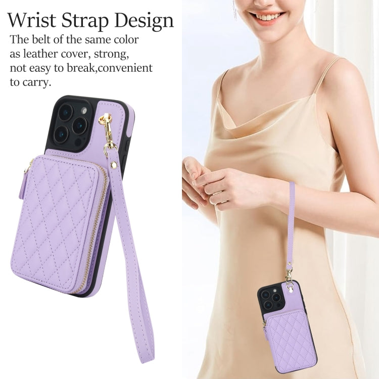 For iPhone 16 Pro AwQuer Crossbody Zipper Wallet Rhombic Leather Back Phone Case(Purple) - free shipping - PMC Jewellery - Order now!