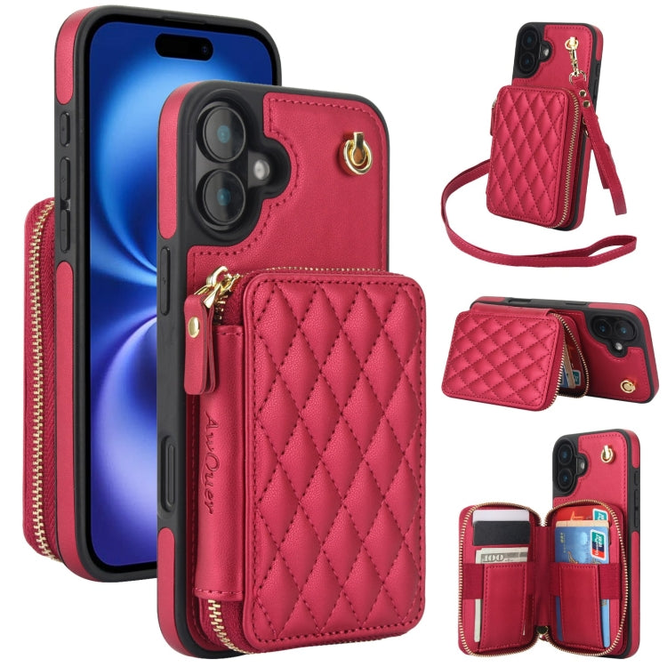For iPhone 16 AwQuer Crossbody Zipper Wallet Rhombic Leather Back Phone Case(Red) - free shipping - PMC Jewellery - Order now!