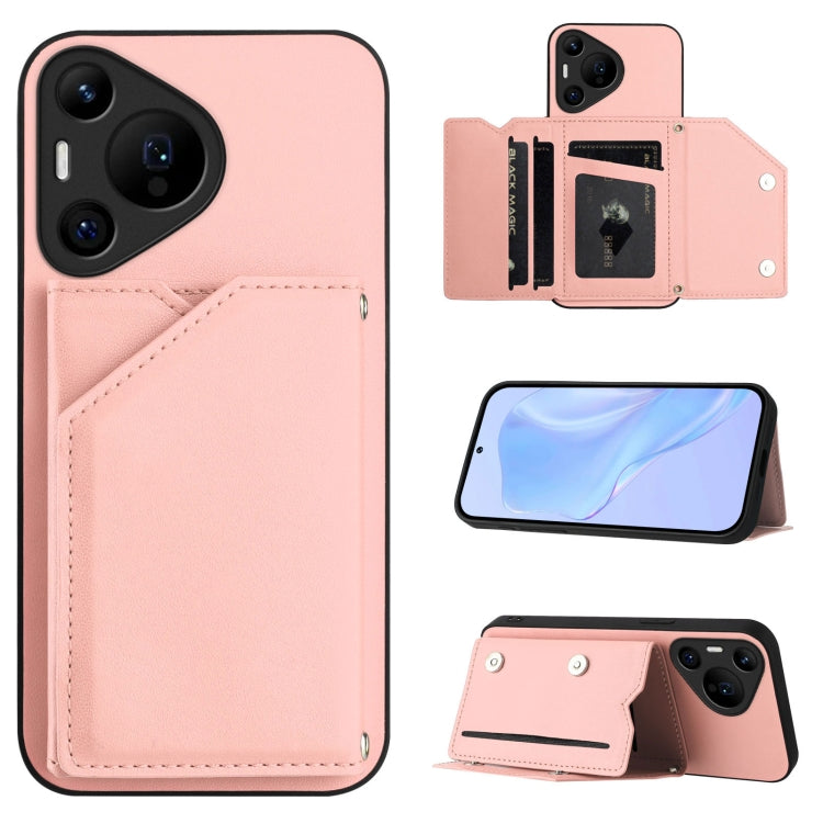 For Huawei Pura 70 Pro Skin Feel Four Card Slots Phone Case with Wrist Strap(Pink) - Huawei Cases by PMC Jewellery | Online Shopping South Africa | PMC Jewellery | Buy Now Pay Later Mobicred