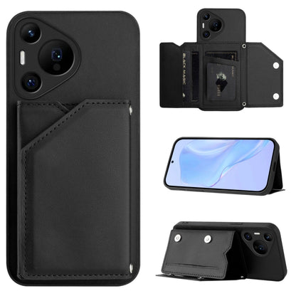 For Huawei Pura 70 Pro Skin Feel Four Card Slots Phone Case with Wrist Strap(Black) - Huawei Cases by PMC Jewellery | Online Shopping South Africa | PMC Jewellery | Buy Now Pay Later Mobicred