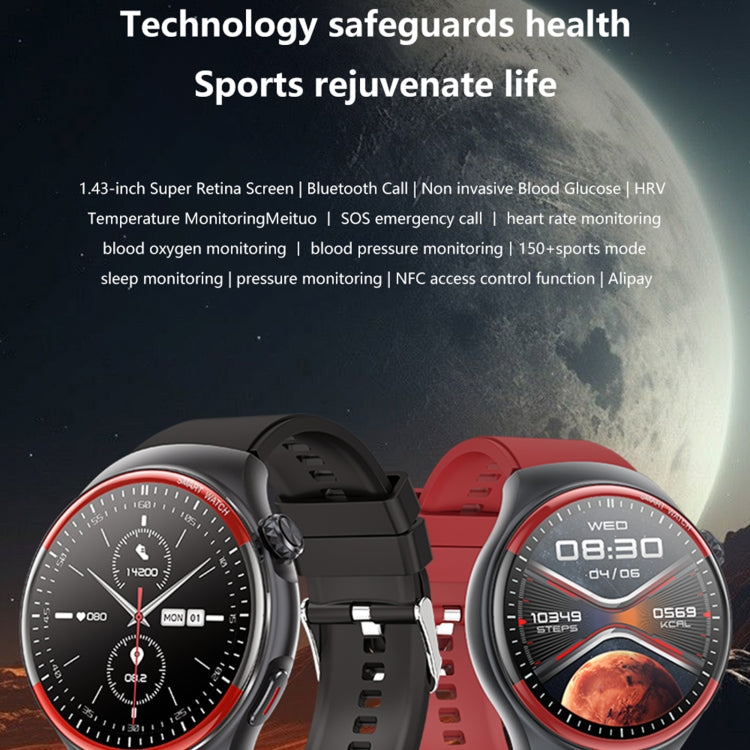 T82 1.43 inch Round Screen BT Call Smart Watch, Heart Rate / Blood Pressure / Blood Oxygen / Sleep / Blood Sugar / HRV / Metope / SOS, Strap:Silicone Red - Smart Wristbands by PMC TechLife | Online Shopping South Africa | PMC TechLife | Buy Now Pay Later Mobicred