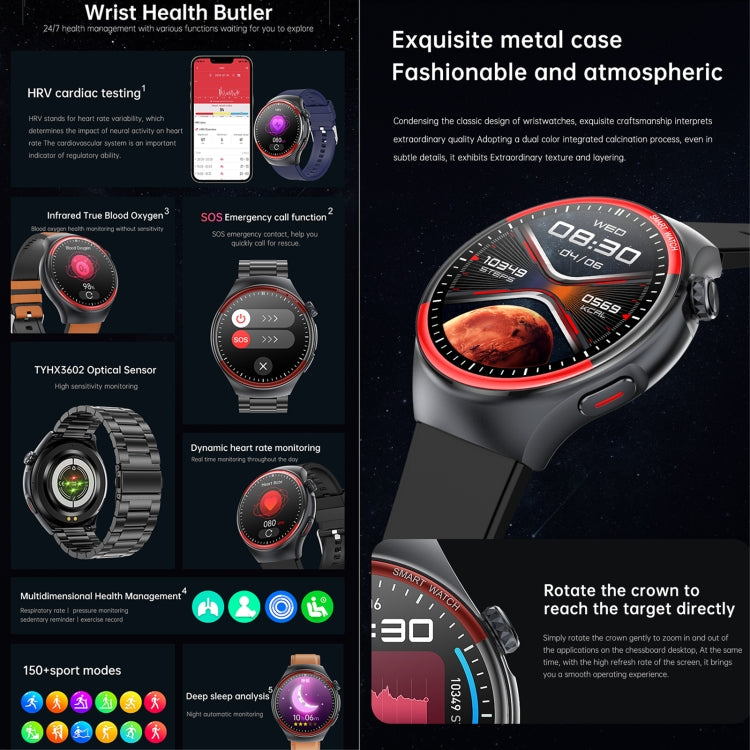 T82 1.43 inch Round Screen BT Call Smart Watch, Heart Rate / Blood Pressure / Blood Oxygen / Sleep / Blood Sugar / HRV / Metope / SOS, Strap:Silicone Black - Smart Wristbands by PMC TechLife | Online Shopping South Africa | PMC TechLife | Buy Now Pay Later Mobicred