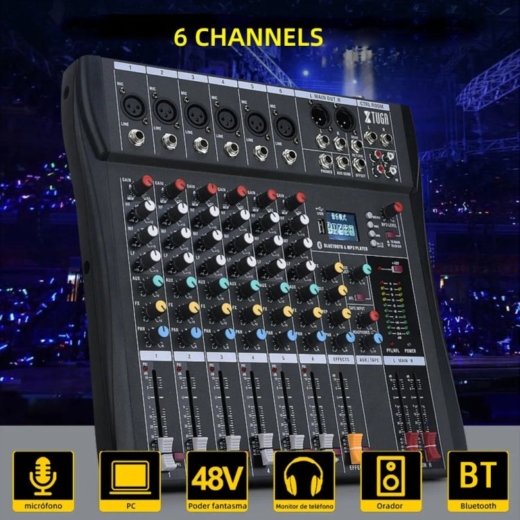 XTUGA CT60X 6-Channels Audio Mixer DJ Mixing Console with 48V Power Supply(UK Plug) - Live Sound Effects Processors by XTUGA | Online Shopping South Africa | PMC TechLife | Buy Now Pay Later Mobicred
