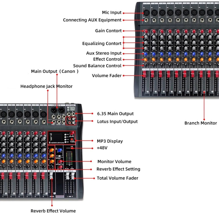 XTUGA CT160X 16-Channels Audio Mixer DJ Mixing Console with 48V Power Supply(UK Plug) - Live Sound Effects Processors by XTUGA | Online Shopping South Africa | PMC TechLife | Buy Now Pay Later Mobicred