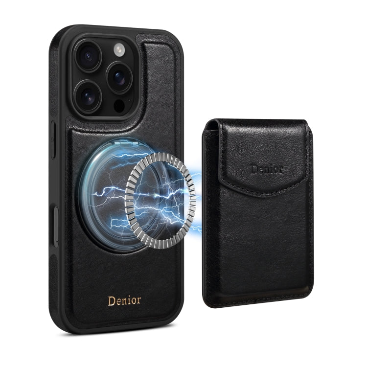 For iPhone 16 Pro Denior D22 Genuine Leather MagSafe Holder Detachable Card Slot Phone Case(Black) - free shipping - PMC Jewellery - Order now!