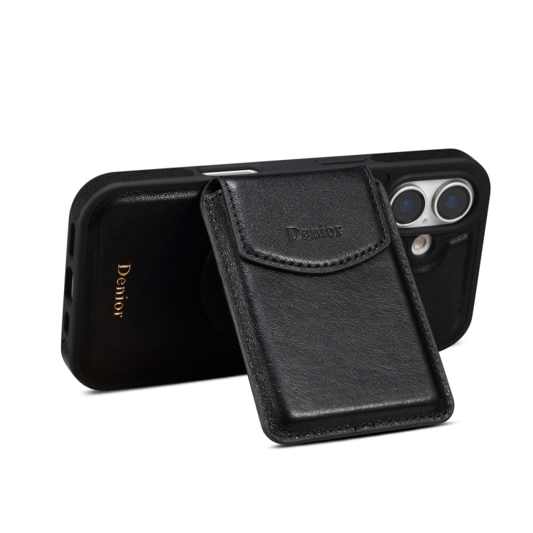 For iPhone 16 Plus Denior D22 Genuine Leather MagSafe Holder Detachable Card Slot Phone Case(Black) - free shipping - PMC Jewellery - Order now!