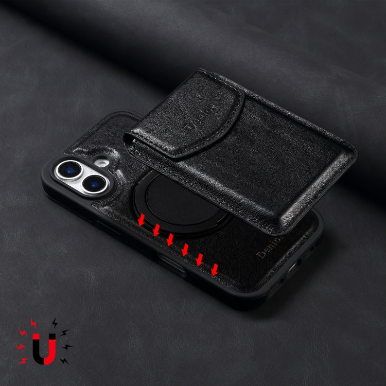 For iPhone 16 Plus Denior D22 Genuine Leather MagSafe Holder Detachable Card Slot Phone Case(Black) - iPhone 16 Plus Cases by Denior | Online Shopping South Africa | PMC Jewellery | Buy Now Pay Later Mobicred