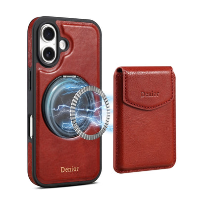 For iPhone 16 Denior D22 Genuine Leather MagSafe Holder Detachable Card Slot Phone Case(Brown) - iPhone 16 Cases by Denior | Online Shopping South Africa | PMC Jewellery | Buy Now Pay Later Mobicred