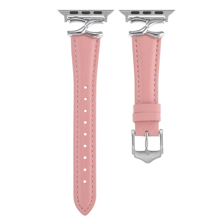 For Apple Watch 46mm / 49mm / 45mm / 44mm X-shaped Buckle Genuine Leather Watch Band(Pink) - Watch Bands by PMC TechLife | Online Shopping South Africa | PMC TechLife | Buy Now Pay Later Mobicred