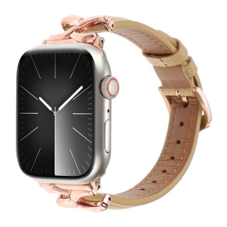 For Apple Watch 46mm / 49mm / 45mm / 44mm X-shaped Buckle Genuine Leather Watch Band(Khaki) - Watch Bands by PMC TechLife | Online Shopping South Africa | PMC TechLife | Buy Now Pay Later Mobicred