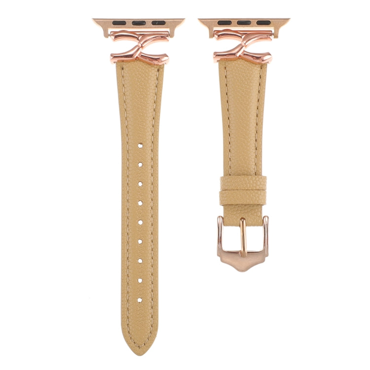 For Apple Watch 42mm / 41mm / 40mm / 38mm X-shaped Buckle Genuine Leather Watch Band(Khaki) - Watch Bands by PMC TechLife | Online Shopping South Africa | PMC TechLife | Buy Now Pay Later Mobicred