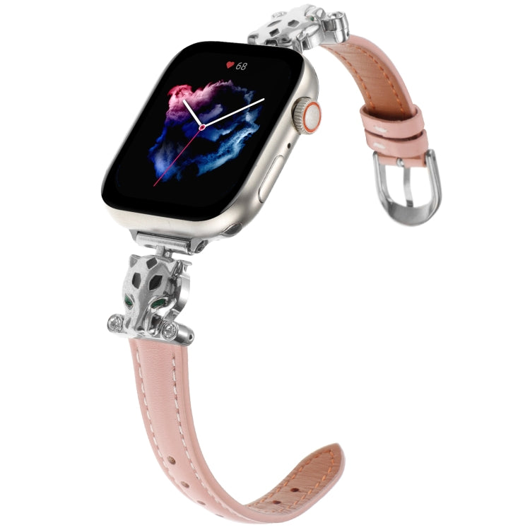For Apple Watch 46mm / 49mm / 45mm / 44mm Leopard Head Genuine Leather Watch Band(Pink Silver Buckle) - free shipping - PMC TechLife - Order now!