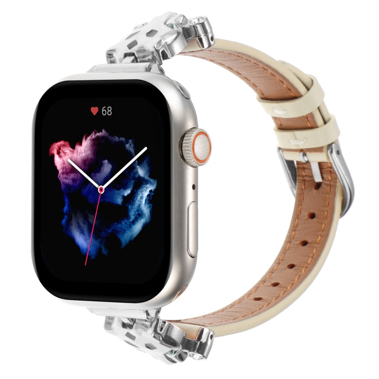 For Apple Watch 42mm / 41mm / 40mm / 38mm Leopard Head Genuine Leather Watch Band(White Silver Buckle) - free shipping - PMC TechLife - Order now!