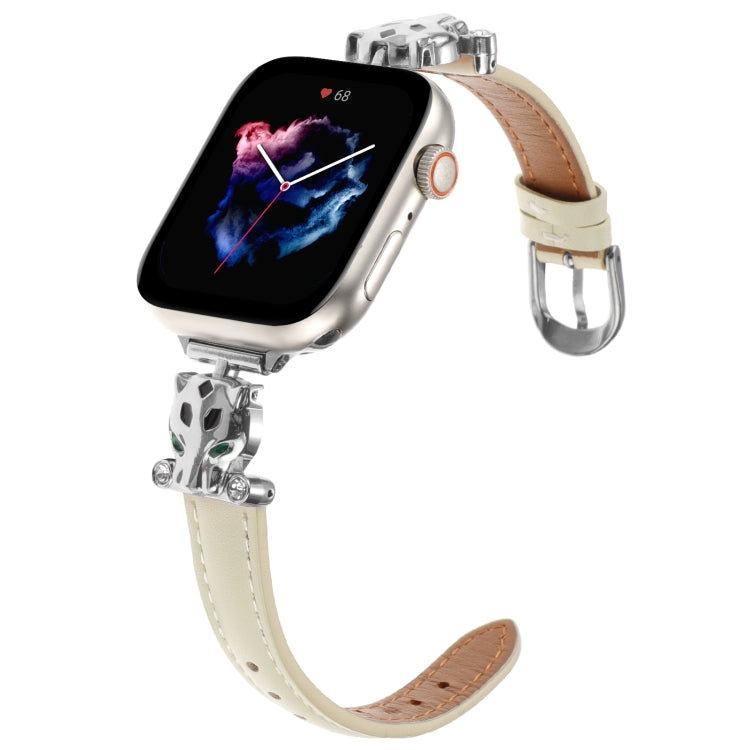 For Apple Watch 42mm / 41mm / 40mm / 38mm Leopard Head Genuine Leather Watch Band(White Silver Buckle) - free shipping - PMC TechLife - Order now!