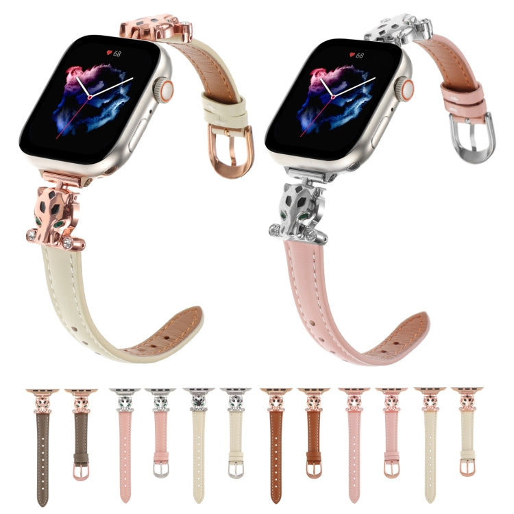 For Apple Watch 46mm / 49mm / 45mm / 44mm Leopard Head Genuine Leather Watch Band(Pink Silver Buckle) - free shipping - PMC TechLife - Order now!
