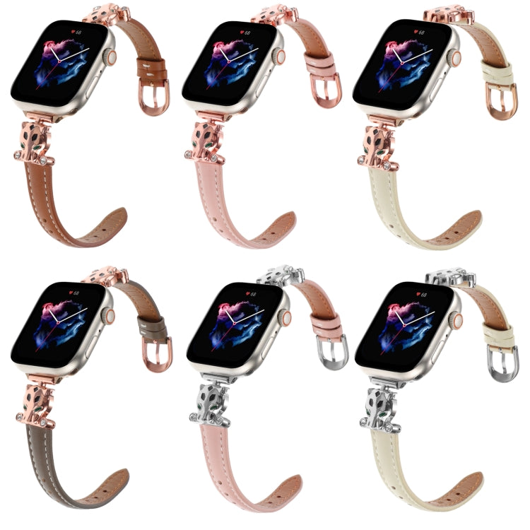 For Apple Watch 46mm / 49mm / 45mm / 44mm Leopard Head Genuine Leather Watch Band(Pink Silver Buckle) - free shipping - PMC TechLife - Order now!