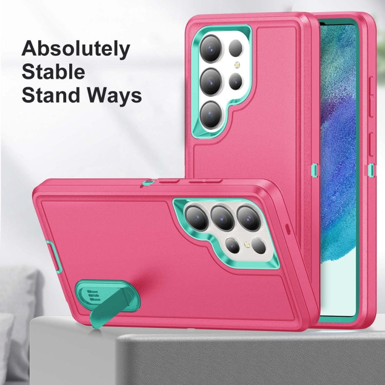 For Samsung Galaxy S25 Ultra 5G Rugged PC Hybrid Silicone Phone Case with Holder(Rose Red+Light Green) - Galaxy S25 Ultra 5G Cases by PMC Jewellery | Online Shopping South Africa | PMC Jewellery | Buy Now Pay Later Mobicred