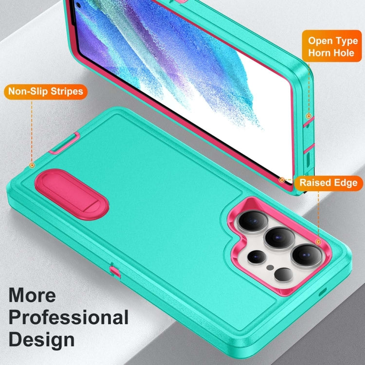 For Samsung Galaxy S25 Ultra 5G Rugged PC Hybrid Silicone Phone Case with Holder(Light Green+Rose Red) - Galaxy S25 Ultra 5G Cases by PMC Jewellery | Online Shopping South Africa | PMC Jewellery | Buy Now Pay Later Mobicred