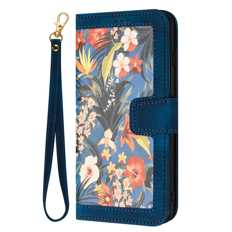 For Samsung Galaxy S25 Ultra 5G Floral Pattern Leather Phone Case with Lanyard(Dark Blue) - Galaxy S25 Ultra 5G Cases by PMC Jewellery | Online Shopping South Africa | PMC Jewellery | Buy Now Pay Later Mobicred
