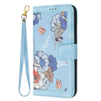 For Samsung Galaxy S25 5G Floral Pattern Leather Phone Case with Lanyard(Light Blue) - Galaxy S25 5G Cases by PMC Jewellery | Online Shopping South Africa | PMC Jewellery | Buy Now Pay Later Mobicred