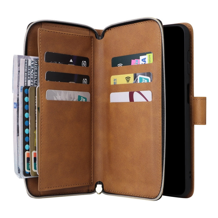 For Samsung Galaxy S25 5G 9-Card Slots Zipper Wallet Bag Leather Phone Case(Brown) - Galaxy S25 5G Cases by PMC TechLife | Online Shopping South Africa | PMC TechLife | Buy Now Pay Later Mobicred