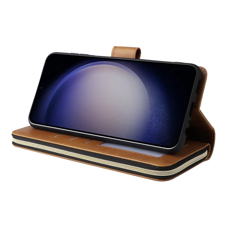 For Samsung Galaxy S25 5G 9-Card Slots Zipper Wallet Bag Leather Phone Case(Brown) - Galaxy S25 5G Cases by PMC TechLife | Online Shopping South Africa | PMC TechLife | Buy Now Pay Later Mobicred