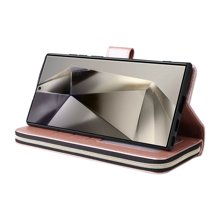For Samsung Galaxy S25 Ultra 5G 9-Card Slots Zipper Wallet Bag Leather Phone Case(Rose Gold) - Galaxy S25 Ultra 5G Cases by PMC TechLife | Online Shopping South Africa | PMC TechLife | Buy Now Pay Later Mobicred