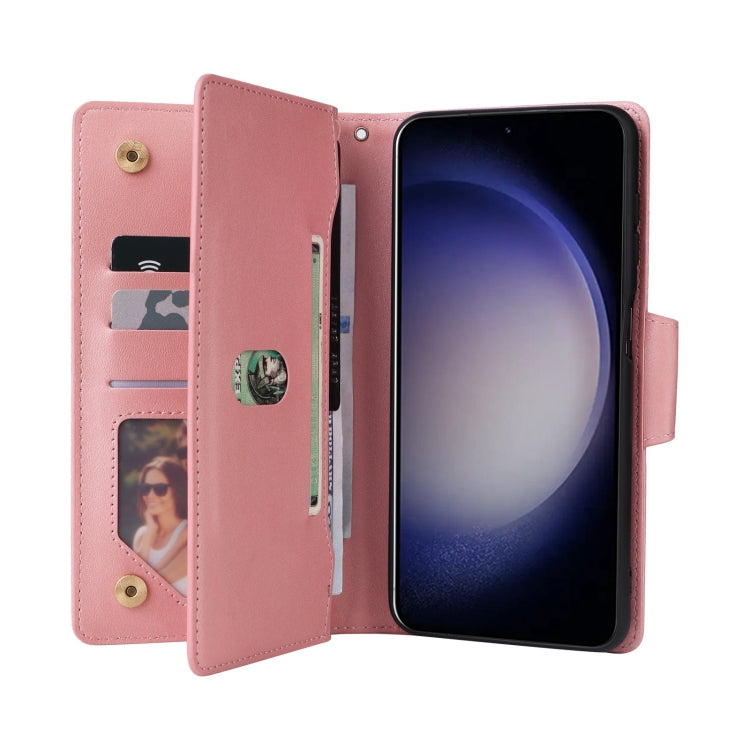 For Samsung Galaxy S25 5G Rivet Buckle 9 Cards Three Fold Leather Phone Case(Rose Gold) - Galaxy S25 5G Cases by PMC Jewellery | Online Shopping South Africa | PMC Jewellery | Buy Now Pay Later Mobicred