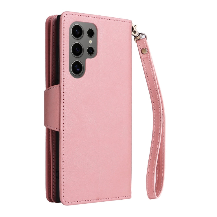 For Samsung Galaxy S25 Ultra 5G Rivet Buckle 9 Cards Three Fold Leather Phone Case(Rose Gold) - Galaxy S25 Ultra 5G Cases by PMC Jewellery | Online Shopping South Africa | PMC Jewellery | Buy Now Pay Later Mobicred