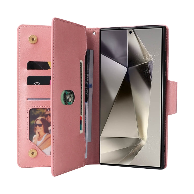 For Samsung Galaxy S25 Ultra 5G Rivet Buckle 9 Cards Three Fold Leather Phone Case(Rose Gold) - Galaxy S25 Ultra 5G Cases by PMC Jewellery | Online Shopping South Africa | PMC Jewellery | Buy Now Pay Later Mobicred
