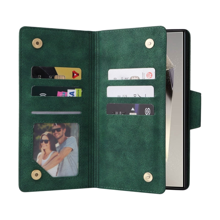 For Samsung Galaxy S25 Ultra 5G Rivet Buckle 9 Cards Three Fold Leather Phone Case(Green) - Galaxy S25 Ultra 5G Cases by PMC Jewellery | Online Shopping South Africa | PMC Jewellery | Buy Now Pay Later Mobicred