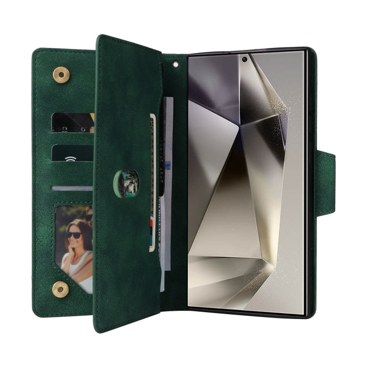 For Samsung Galaxy S25 Ultra 5G Rivet Buckle 9 Cards Three Fold Leather Phone Case(Green) - Galaxy S25 Ultra 5G Cases by PMC Jewellery | Online Shopping South Africa | PMC Jewellery | Buy Now Pay Later Mobicred