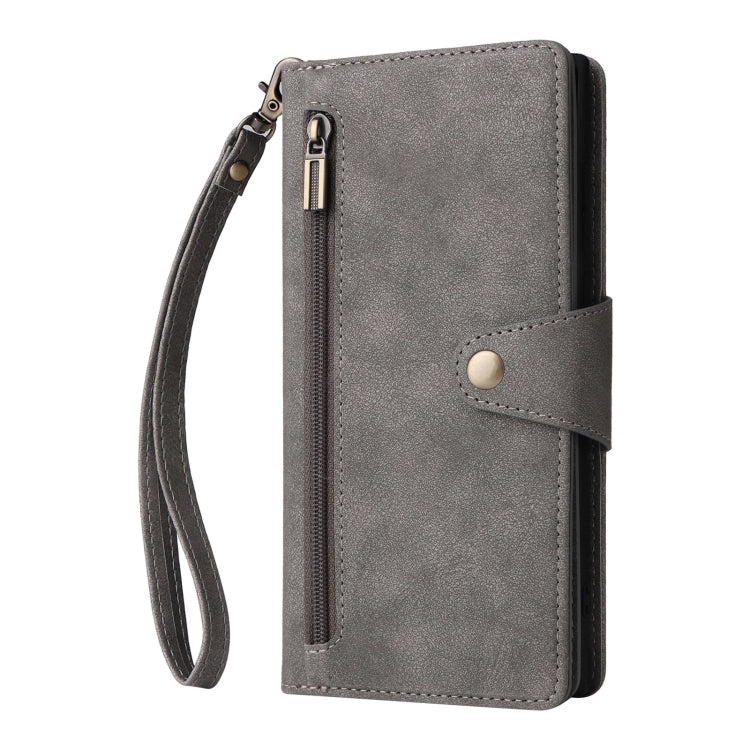 For Samsung Galaxy S25 Ultra 5G Rivet Buckle 9 Cards Three Fold Leather Phone Case(Grey) - Galaxy S25 Ultra 5G Cases by PMC Jewellery | Online Shopping South Africa | PMC Jewellery | Buy Now Pay Later Mobicred