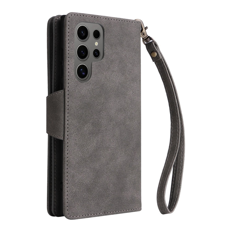 For Samsung Galaxy S25 Ultra 5G Rivet Buckle 9 Cards Three Fold Leather Phone Case(Grey) - Galaxy S25 Ultra 5G Cases by PMC Jewellery | Online Shopping South Africa | PMC Jewellery | Buy Now Pay Later Mobicred