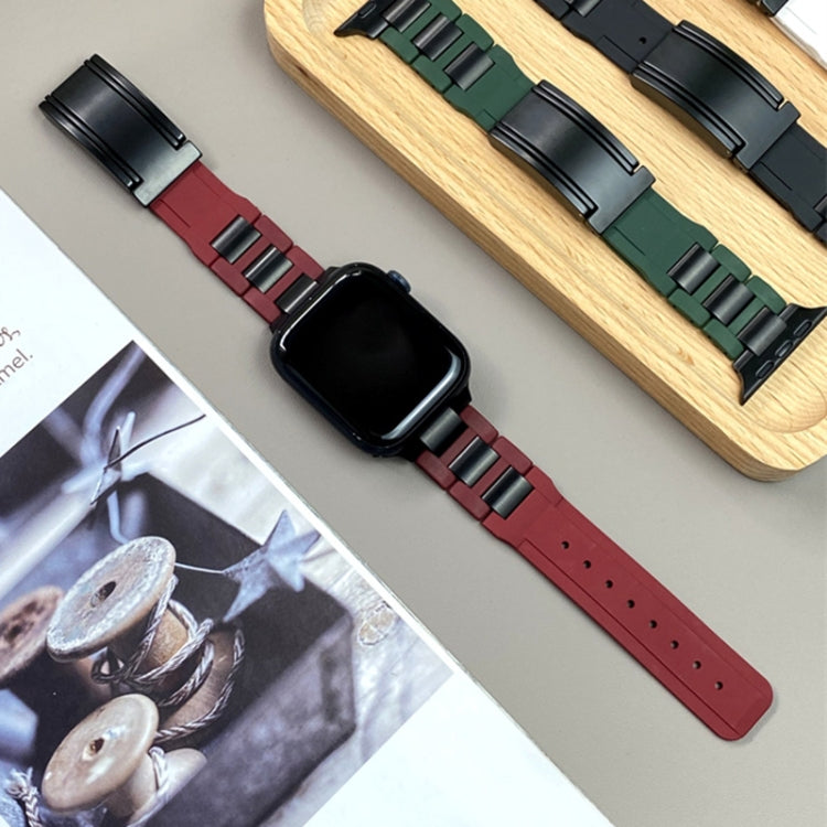 For Apple Watch 46mm / 49mm / 45mm / 44mm T-shaped Magnetic Buckle Stainless Steel Rubber Watch Band(Wine Red Black Buckle) - free shipping - PMC TechLife - Order now!