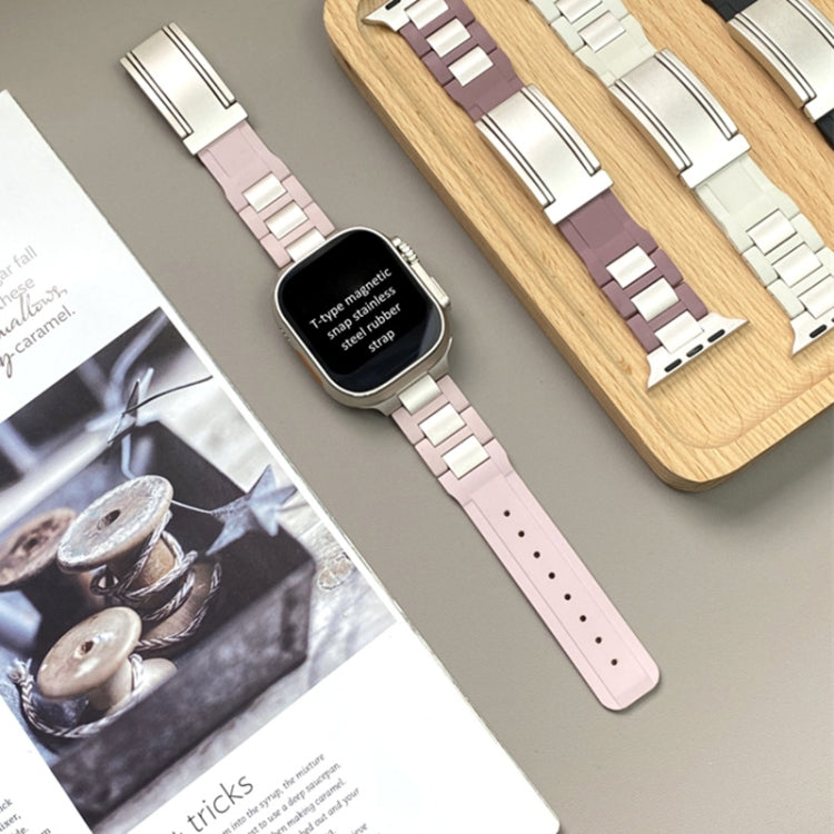 For Apple Watch 42mm / 41mm / 40mm / 38mm T-shaped Magnetic Buckle Stainless Steel Rubber Watch Band(Pink Starlight Buckle) - free shipping - PMC TechLife - Order now!