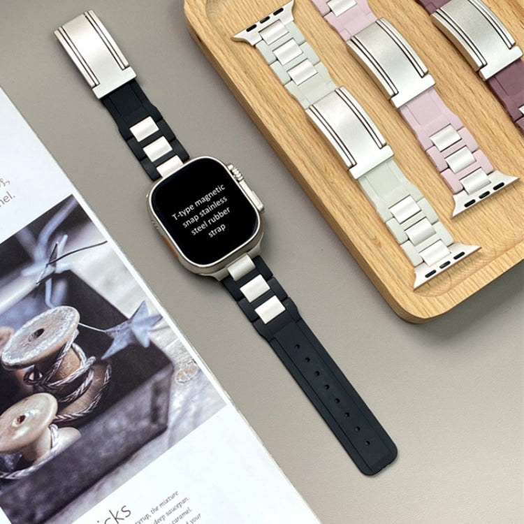 For Apple Watch 42mm / 41mm / 40mm / 38mm T-shaped Magnetic Buckle Stainless Steel Rubber Watch Band(Black Starlight Buckle) - free shipping - PMC TechLife - Order now!