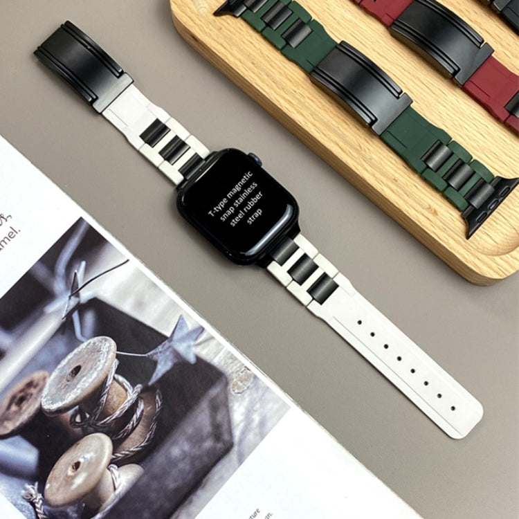 For Apple Watch 42mm / 41mm / 40mm / 38mm T-shaped Magnetic Buckle Stainless Steel Rubber Watch Band(Beige Black Buckle) - free shipping - PMC TechLife - Order now!