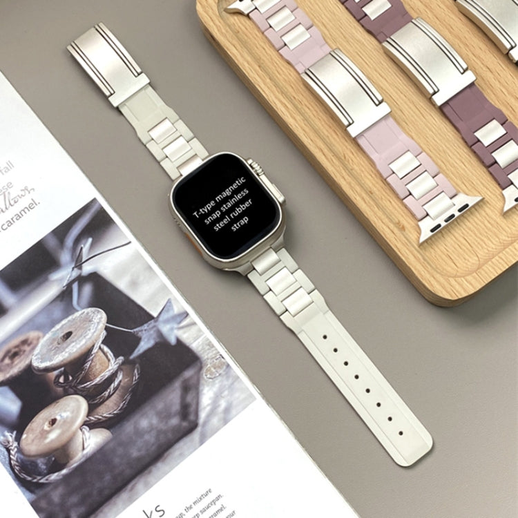 For Apple Watch 42mm / 41mm / 40mm / 38mm T-shaped Magnetic Buckle Stainless Steel Rubber Watch Band(Beige Starlight Buckle) - free shipping - PMC TechLife - Order now!