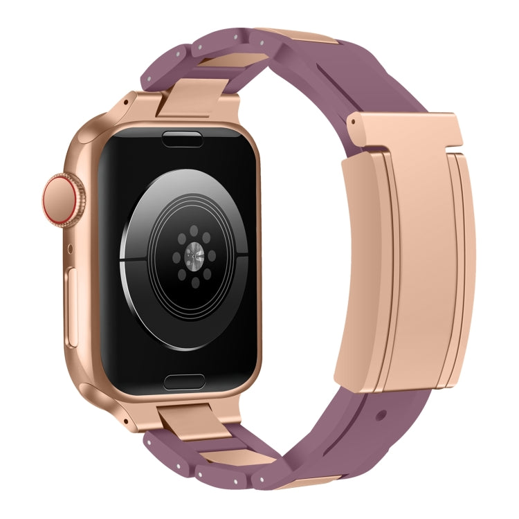 For Apple Watch 42mm / 41mm / 40mm / 38mm T-shaped Magnetic Buckle Stainless Steel Rubber Watch Band(Smoky Purple Rose Gold Buckle) - free shipping - PMC TechLife - Order now!