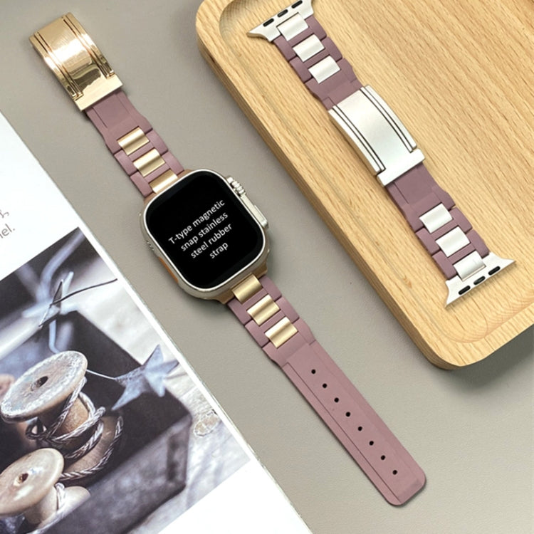For Apple Watch 42mm / 41mm / 40mm / 38mm T-shaped Magnetic Buckle Stainless Steel Rubber Watch Band(Smoky Purple Rose Gold Buckle) - free shipping - PMC TechLife - Order now!