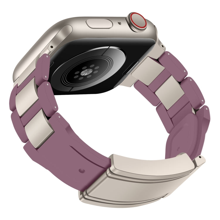 For Apple Watch 42mm / 41mm / 40mm / 38mm T-shaped Magnetic Buckle Stainless Steel Rubber Watch Band(Smoky Purple Starlight Buckle) - free shipping - PMC TechLife - Order now!