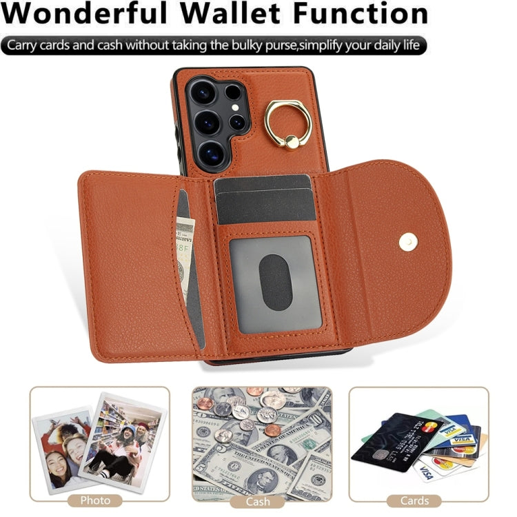 For Samsung Galaxy S25 Ultra 5G Ring Holder Card Bag Skin Feel Phone Case(Brown) - Galaxy S25 Ultra 5G Cases by PMC Jewellery | Online Shopping South Africa | PMC Jewellery | Buy Now Pay Later Mobicred