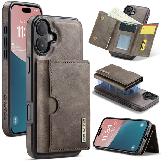 For iPhone 16 Plus DG.MING M6 Series RFID Tri-fold Card Bag Removable Leather Phone Case(Coffee) - iPhone 16 Plus Cases by DG.MING | Online Shopping South Africa | PMC Jewellery | Buy Now Pay Later Mobicred